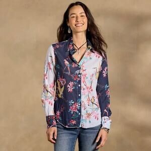 nwot CINO SUNDANCE Top L Floral Patchwork White Black Curve-Hem ButtonUp LongSlv